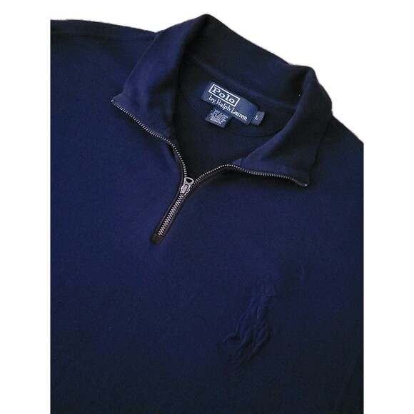 Polo Ralph Lauren 1/4 Zip Sweater Mens L Blue w Elbow Patches Blue Big Pony - Picture 1 of 16